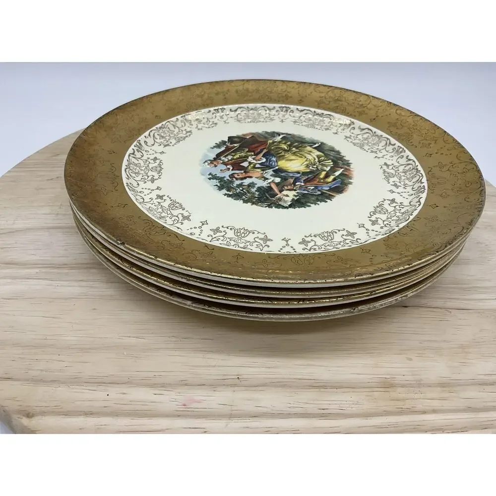 Vintage Sabin Crest-O-Gold Dinner Plates Set 4 Gold Courting Couple Rococo USA‎